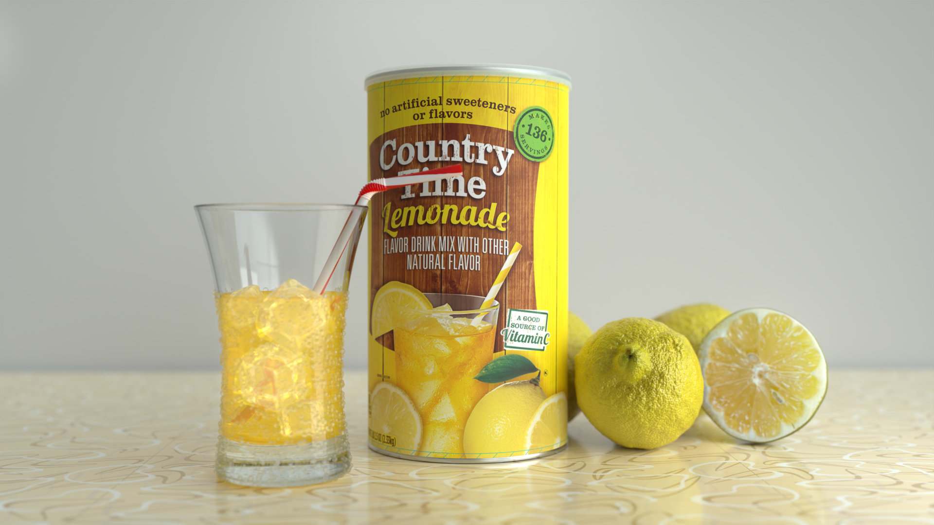 product rendering of a 3d model of lemonade some lemons and the product package