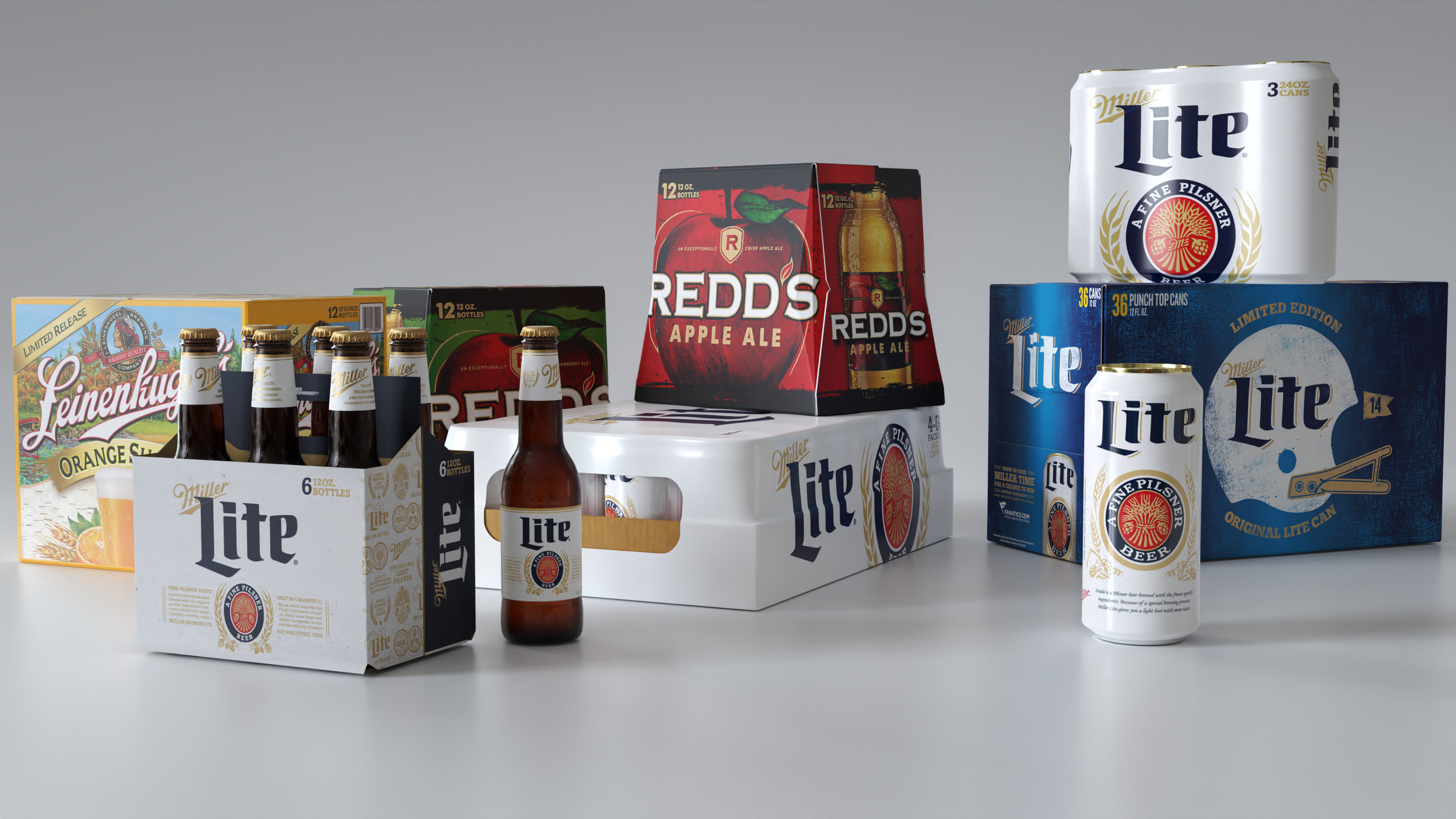 a series of 3d models of beer products rendered