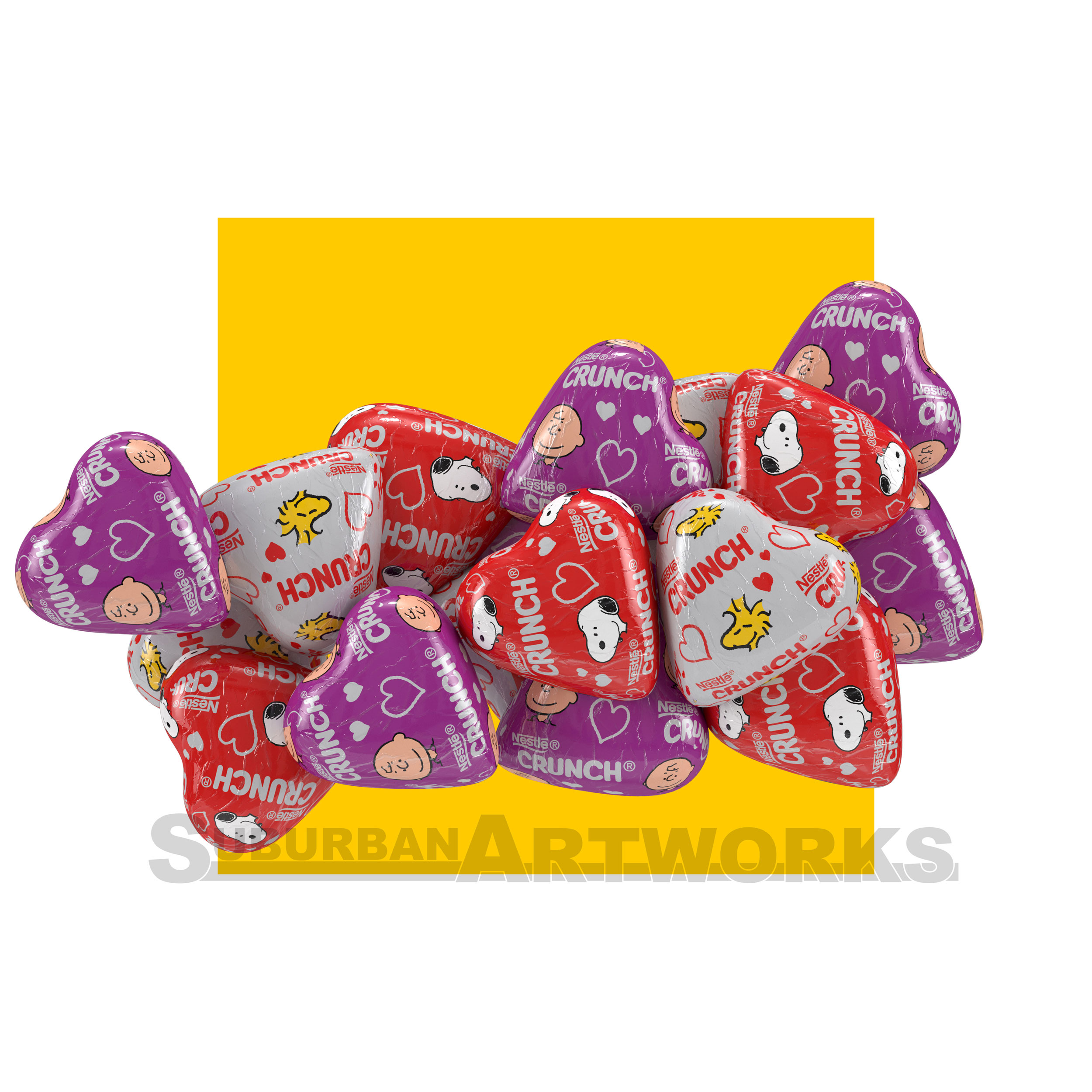 product rendering of heart shaped chocolate candy with foil wrap