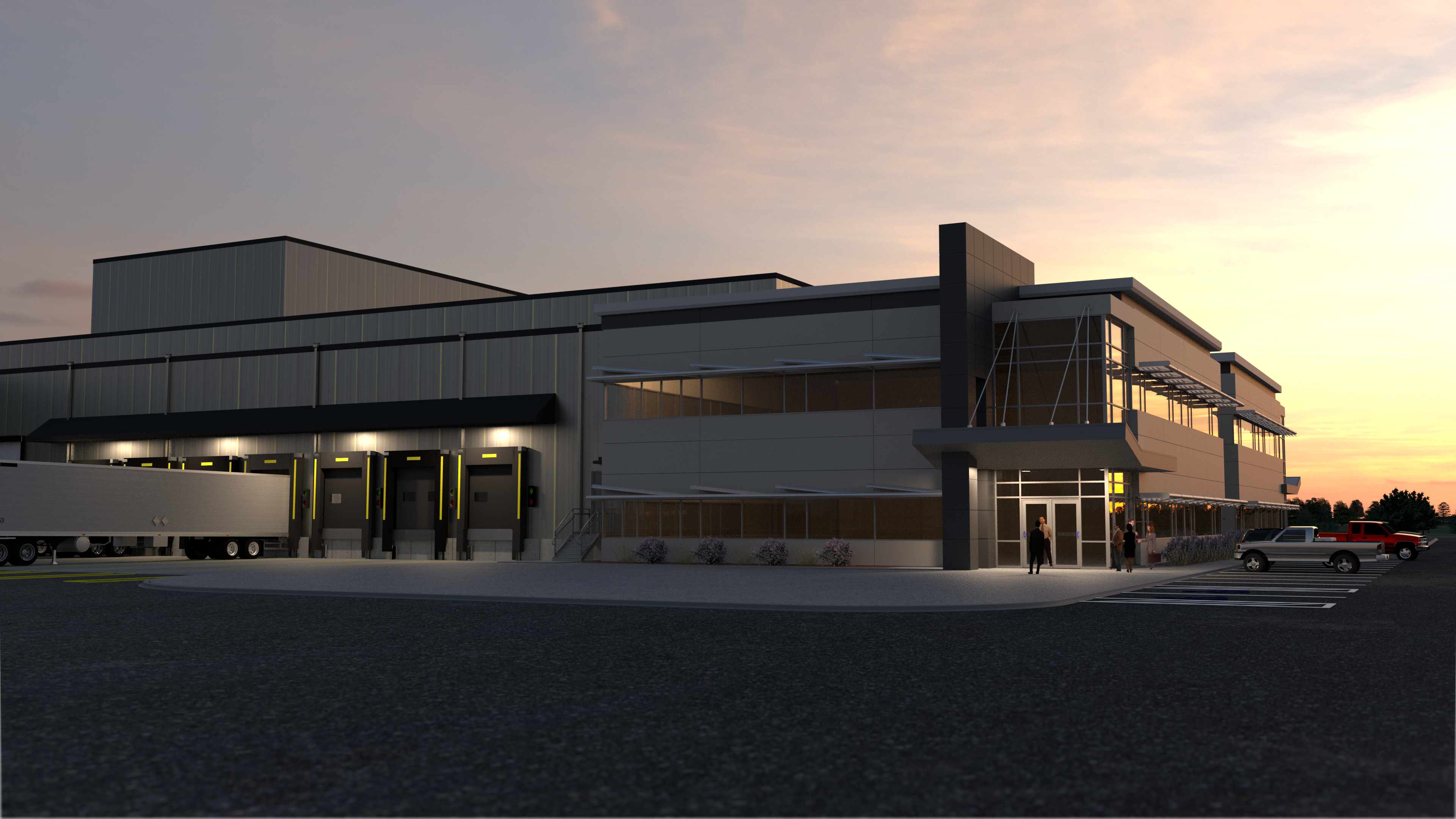 3d model rendering of warehouse evening